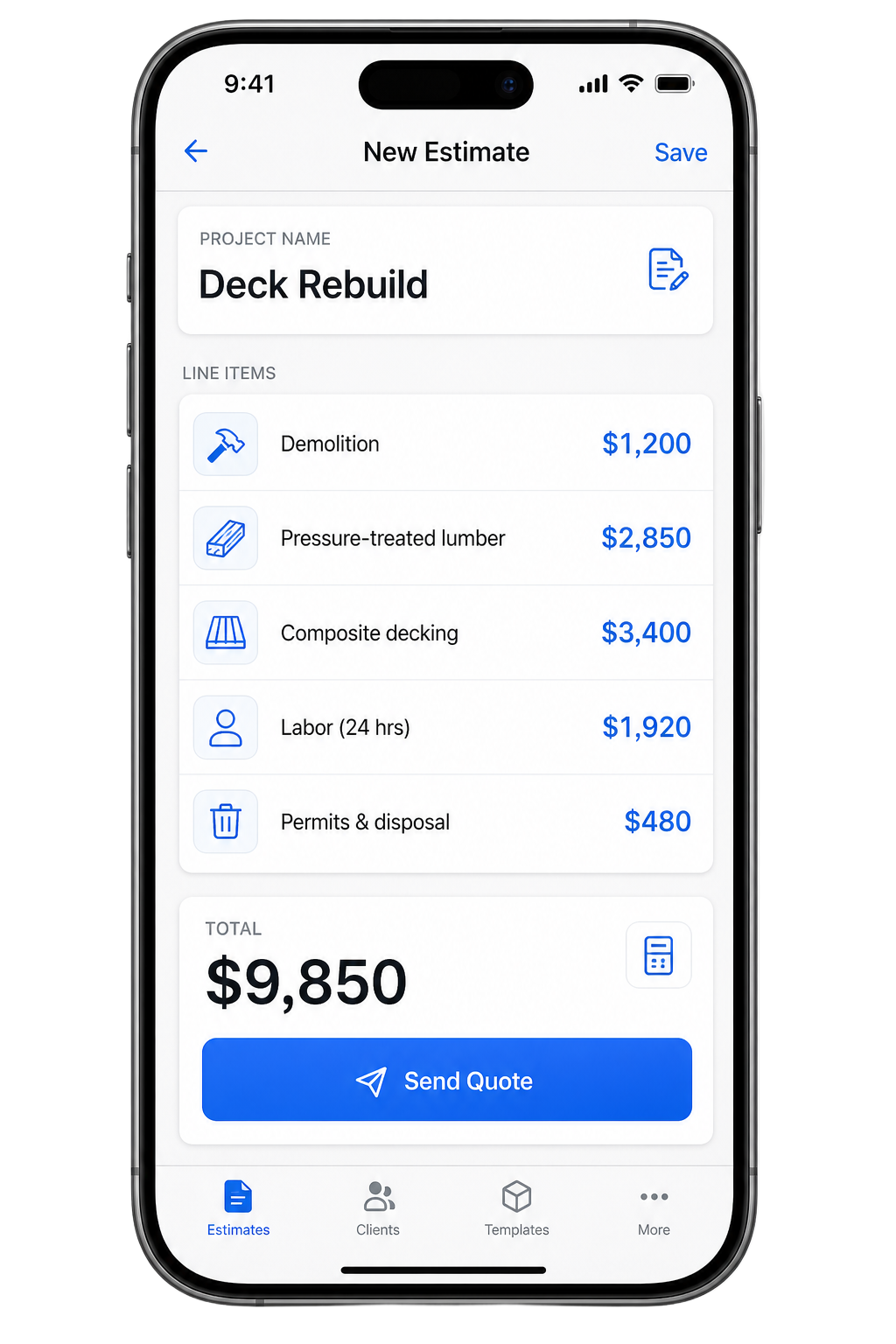 QuoteFlow iOS app showing a construction estimate